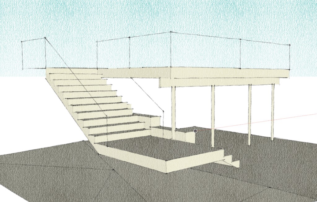 3D rendering of an elevated deck with cable railing and wide stairs