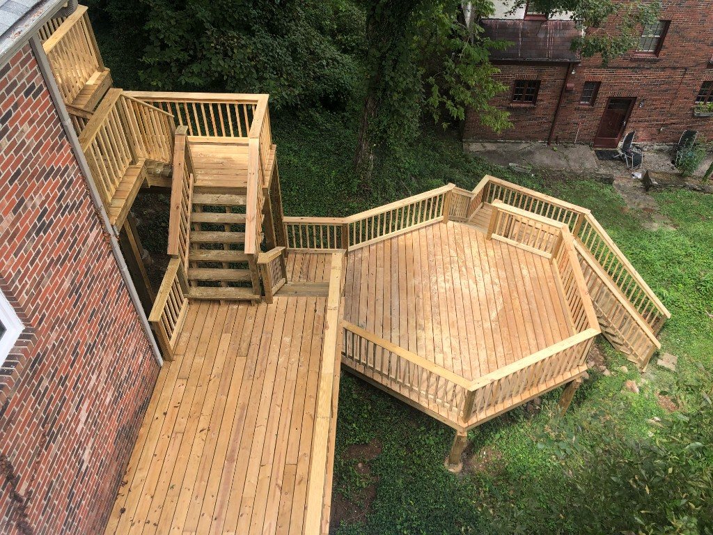 Aerial view of a hexagonal multi-level deck