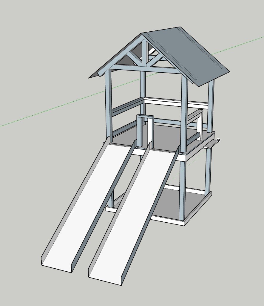 3D design model of a custom two-story playset with slides
