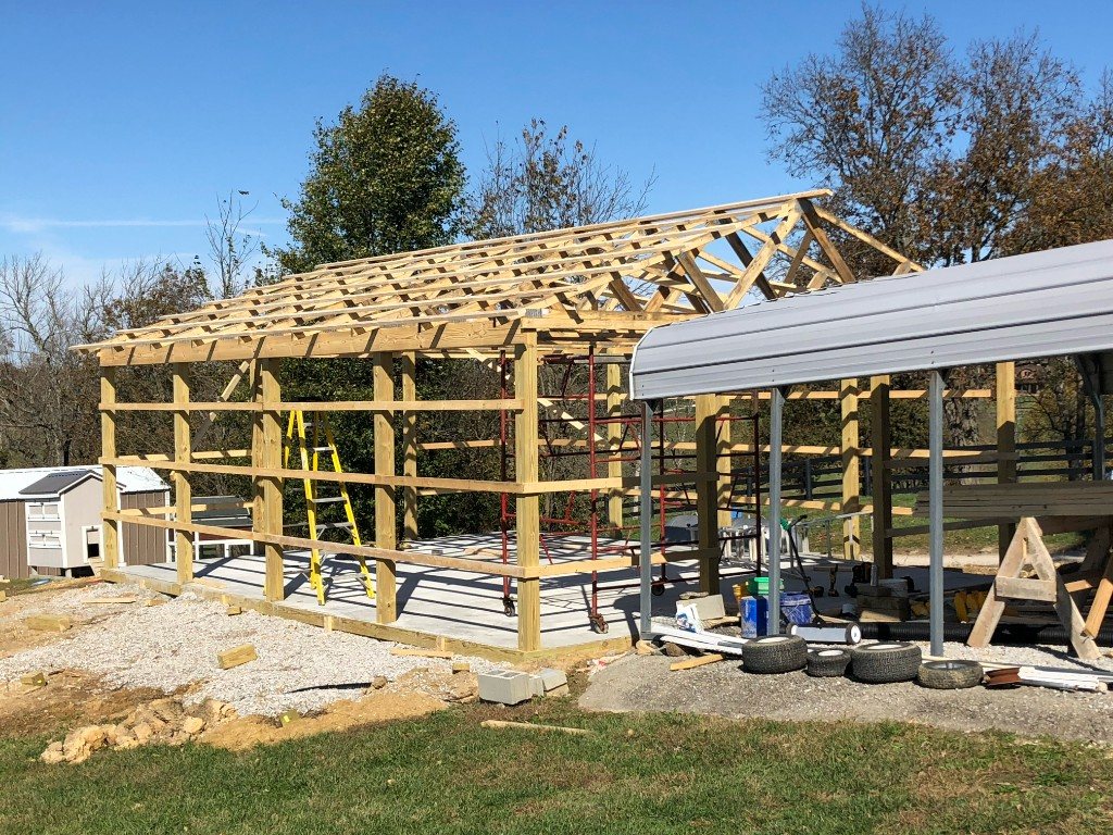 Large timber frame structure on a concrete slab
