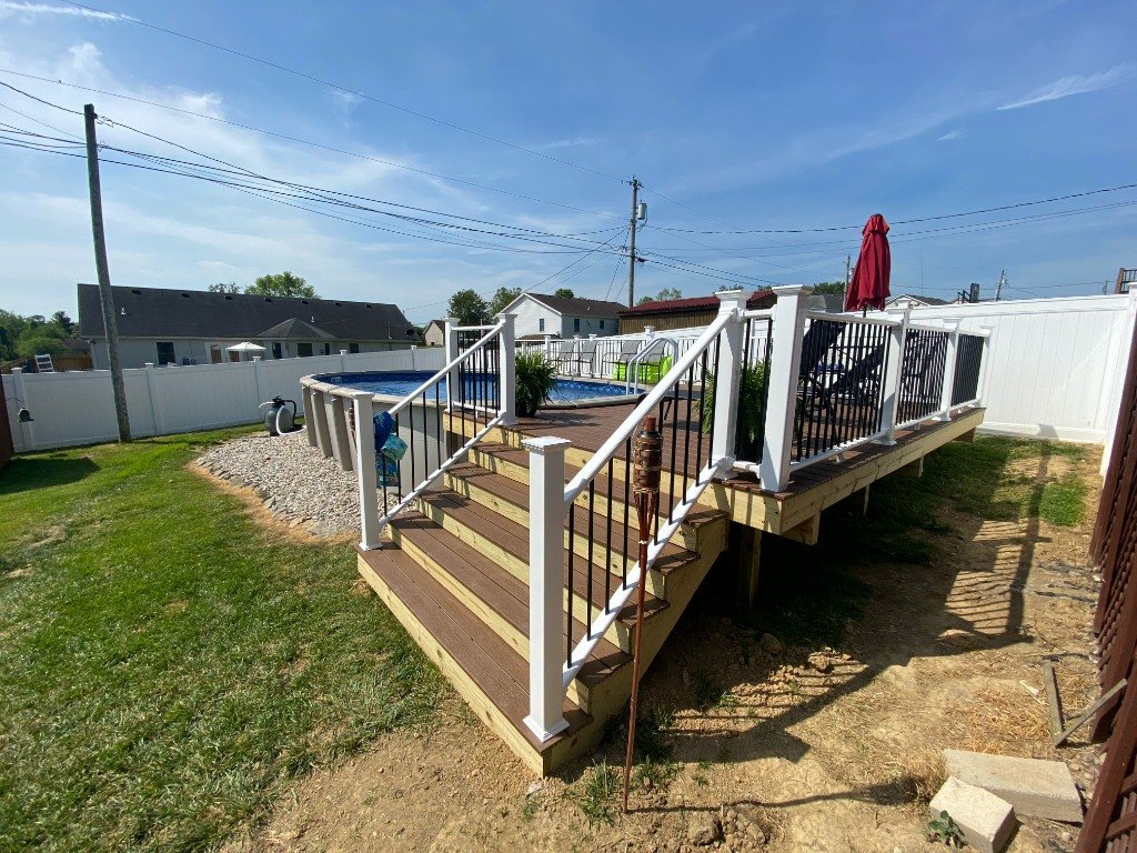 Composite deck wrapping an above-ground pool